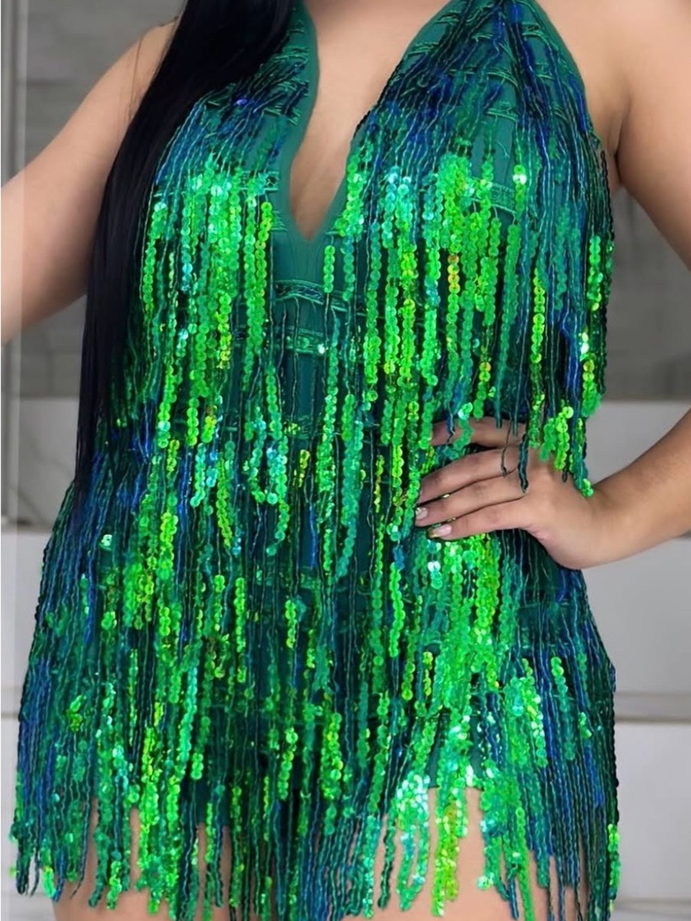 Green Sequin Fringe Halter Dress - Brand